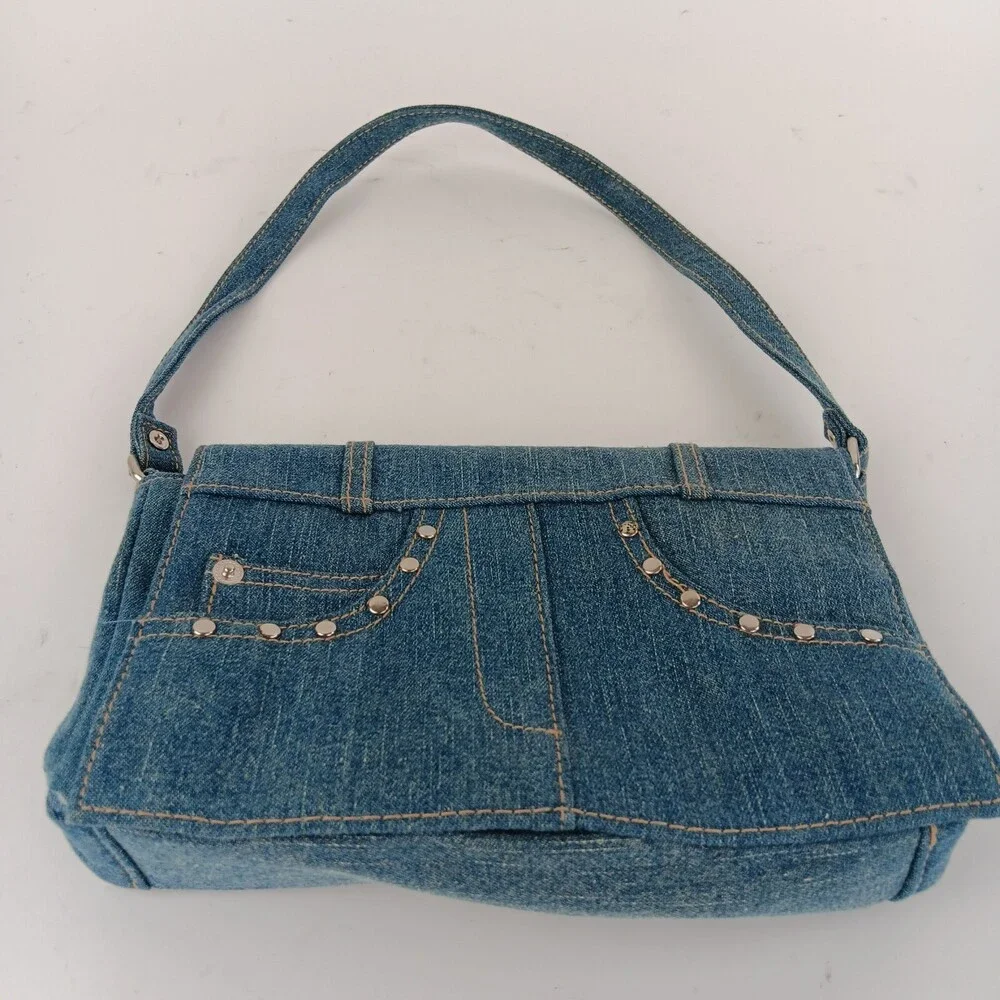 Womens Solid Blue Rectangular Shaped Studded Denim Shoulder Bag